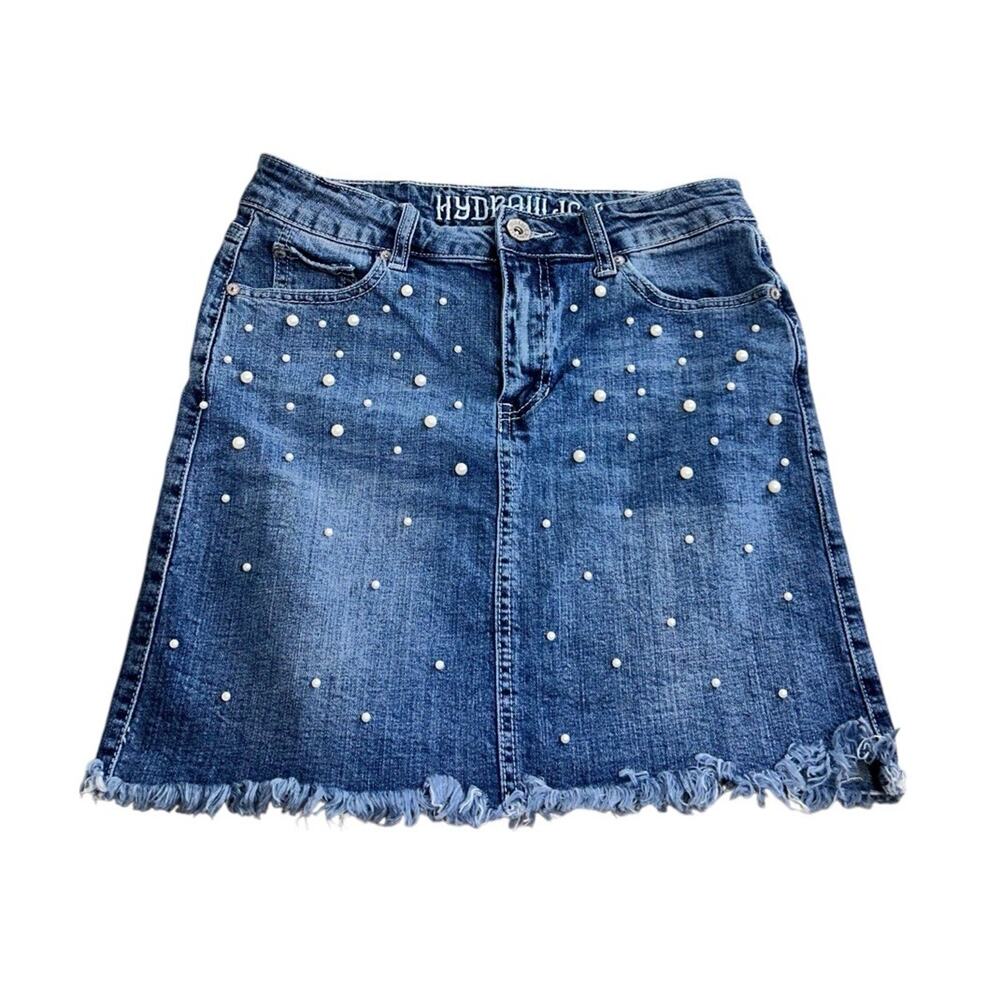 Hydraulic Soho High Rise Skirt Sz 4 Pearls Blue Wash Frayed Preppy Denim - Picture 6 of 6
